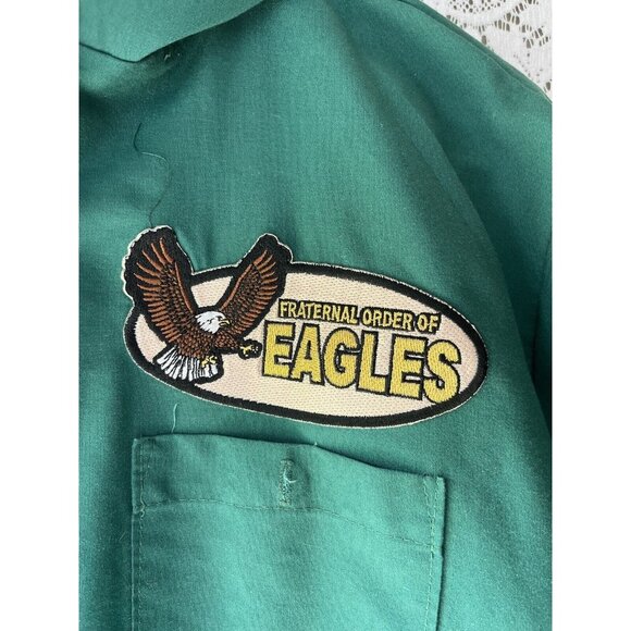 Vintage Fraternal Order of Eagles Patch Green Work Shirt Men’s Button Up SS - Picture 3 of 6